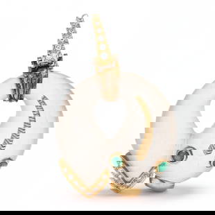 Carved Rock Crystal and Gem Set Fish Pendant / Enhancer, Andrew Clunn: Carved Rock Crystal and Gem Set Fish Pendant / Enhancer, Andrew Clunnthe carved rock crystal quartz fish with cabochon emerald eyes and with diamond melee set to gold accent and bail, with hinged bail