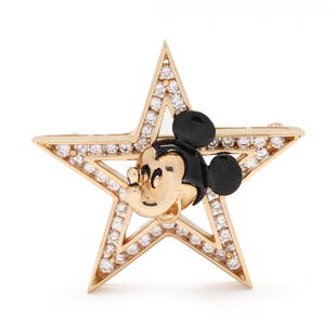 Gold, Diamond, and Enamel Mickey Mouse Brooch, Disney: Gold, Diamond, and Enamel Mickey Mouse Brooch, Disney figural brooch with gold and black enamel Mickey Mouse set on a star with channel set full cut round diamonds weighing approximately 2.5 total