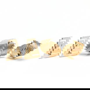 Two Pairs of Gold Earrings: Two Pairs of Gold Earringsto include a pair in a stylized bypass ribbon design with ribbed detailing and completed with posts and omega clip backs, stamped 14K and with maker's marks (1 x 13/16 in.);