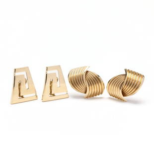 Two Pairs of Gold Earrings: Two Pairs of Gold Earringsto include a pair in a stylized bypass ribbon design with ribbed detailing and completed with posts and omega clip backs, stamped 14K and with maker's marks (1 x 13/16 in.);