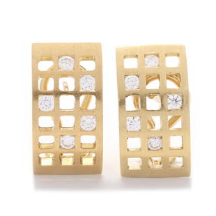 Gold and Diamond Earrings: Gold and Diamond Earringsgold lattice motif earrings set with full cut round diamonds weighing approximately .25 total carats (G-H color, VS1-VS2 clarity), completed with posts and omega clip backs, s