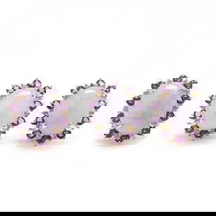 Gold, Lavender Jade, Amethyst, and Diamond Ring and Earrings: Gold, Lavender Jade, Amethyst, and Diamond Ring and Earringsto include: a ring set with an oval cabochon lavender jade (17.59 x 14.49mm) within a halo of round cut amethysts and full cut round diamond