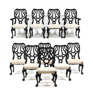 Ten Irish Chippendale Style Carved and Painted Dining Chairs: Ten Irish Chippendale Style Carved and Painted Dining Chairssecond half 20th century, including two armchairs and eight side chairs in black painted surface, pierced and relief carved backs, over upho