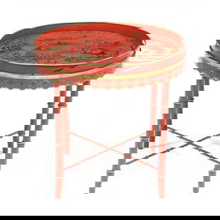 Chinoiserie Tole Tray on Stand: Chinoiserie Tole Tray on Standlate 20th century, red field with gilt highlights and antiqued surface, removable double handled tray, scalloped skirt on faux bamboo legs with stretcher base. 24 x 24.5