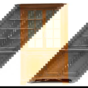 North Carolina Chippendale Walnut Corner Cupboard: North Carolina Chippendale Walnut Corner Cupboardpiedmont region, late 18th century, poplar secondary, two part form (currently attached as one unit with braces and screws), applied molded cornice wit