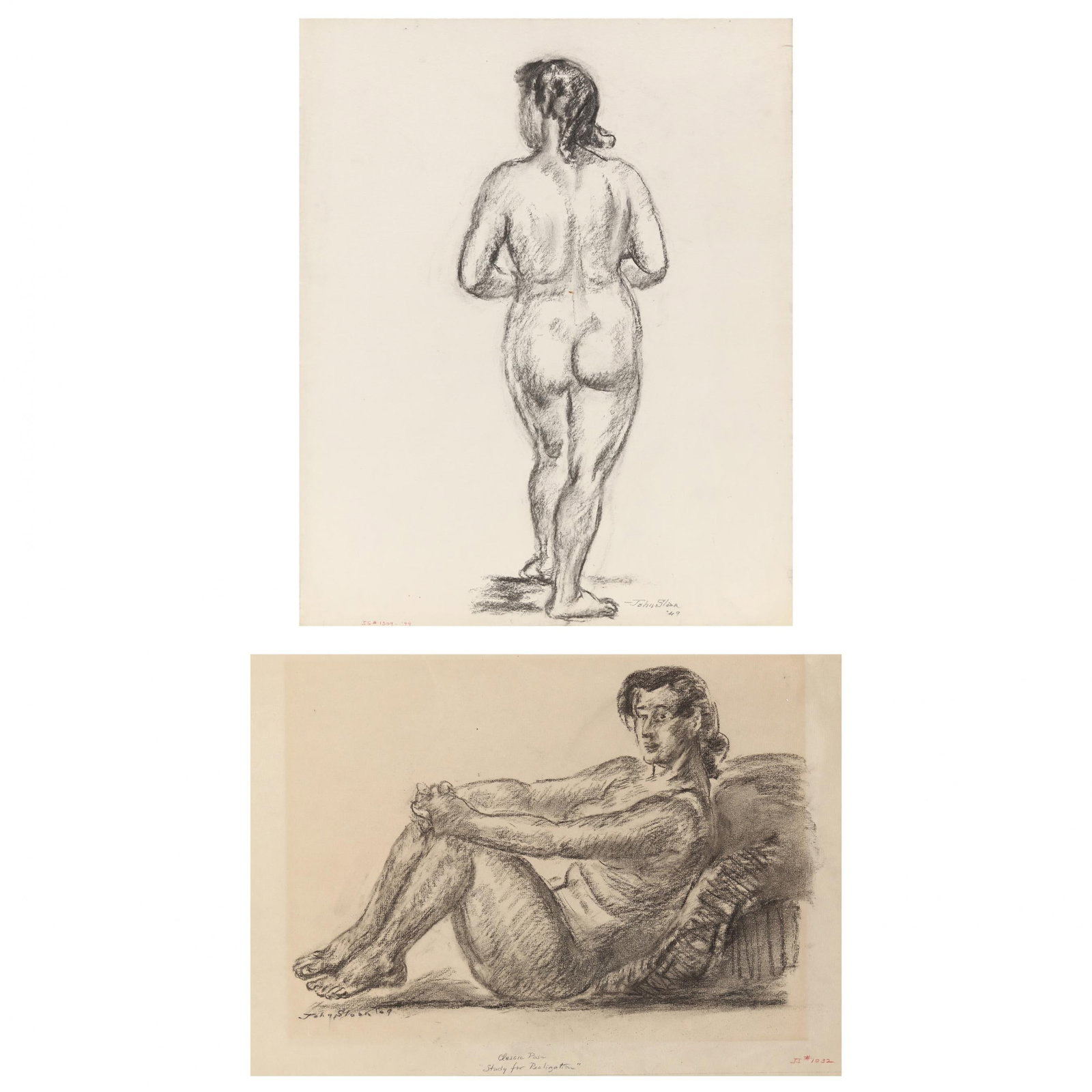 John French Sloan (American, 1871-1951), Female Nude Drawings (two works): John French Sloan (American, 1871-1951), Female Nude Drawings (two works)charcoal on paper; the first charcoal on wove paper laid on board, 1949, signed and dated at lower right, titled "Stepping Up"