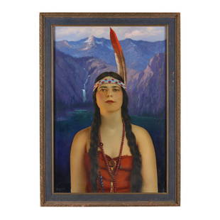 Vintage Painting of a Native American Woman in a Landscape: Vintage Painting of a Native American Woman in a Landscapeoil on paper mounted to cardboard, early 20th century, signed "J.(?) Goddard" at lower left, framed. Frame dimensions 29 1/4 x 21 in. Private