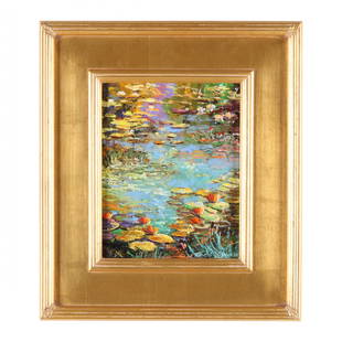 Thomas deDecker (American, b. 1951), Pond Lilies: Thomas deDecker (American, b. 1951), Pond Liliesoil on board, signed at lower right, inscribed to the verso, framed. Board 10 x 8 in.; Frame dimensions 16 1/4 x 14 in. Thomas deDecker is an award-winn