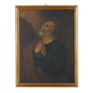 Spanish Colonial School (Early 19th Century), Saint Peter: Spanish Colonial School (Early 19th Century), Saint Peter oil on canvas laid on panel, unsigned, the saint depicted with hands folded around a pair of keys, presented in a giltwood frame. Panel 32