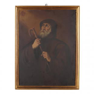 Spanish Colonial School (Early 19th Century), Saint Francis of Paola: Spanish Colonial School (Early 19th Century), Saint Francis of Paolaoil on canvas laid on panel, unsigned, the saint depicted yielding a staff with the word "Charitas" visible in the sky above, presen