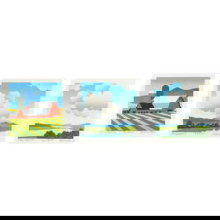 Sabra Field (American, b. 1935), Sky Scape I / Sky Scape II / Dairy Barns (Three Works): Sabra Field (American, b. 1935), Sky Scape I / Sky Scape II / Dairy Barns (Three Works)each a woodblock print in colors, all pencil signed, titled, and numbered from editions of 300 lower margin, pres