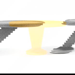 Contemporary Wicker Pedestal Breakfast Table: Contemporary Wicker Pedestal Breakfast Tablecontemporary, likely Modern History, two part form, circular top with raised rounded edge, tapered weighted pedestal base, appears unmarked. 30 x 54 in. dia