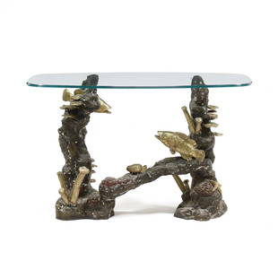 Bronze and Glass Coral and Sea-Life Console Table: Bronze and Glass Coral and Sea-Life Console Tablelate 20th century, two part form, clear glass top with molded edge set on a cast and patinated bronze base, appears unmarked. 30 x 48 x 22 in.  Additio