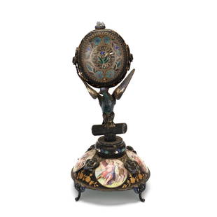 Antique Viennese Silver and Parcel Gilt Enamel Table Clock: Antique Viennese Silver and Parcel Gilt Enamel Table Clock late 19th century, oval form clock dial behind glass with floral enamel decoration, dial sides having gilt floral decoration with two putti