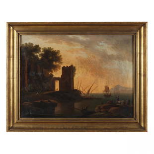 School of Claude-Joseph Vernet (French, 1714-1789), A Southern Port at Sunset: School of Claude-Joseph Vernet (French, 1714-1789), A Southern Port at Sunsetoil on canvas, unsigned, presented in a molded giltwood frame. Stretcher size 21 1/4 x 28 3/4 in. Frame dimensions 27 1/2 x