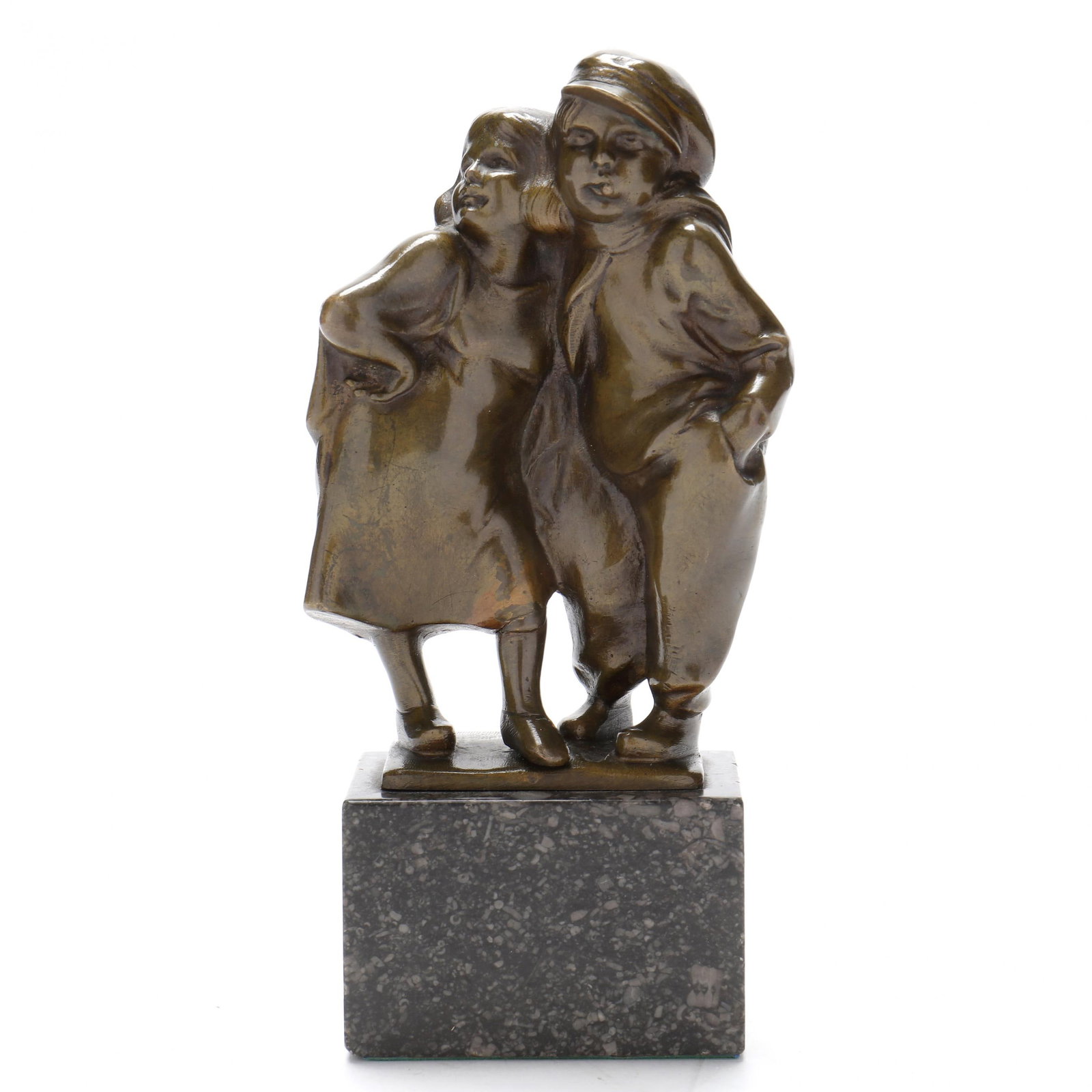 Karl Perl (Austrian, 1876-1965), Two Street Urchins: Karl Perl (Austrian, 1876-1965), Two Street Urchinspatinated bronze, signed K PERL and numbered to verso, mounted upon a marble base. 7 1/2 in. Additional high-resolution photos are available at www.
