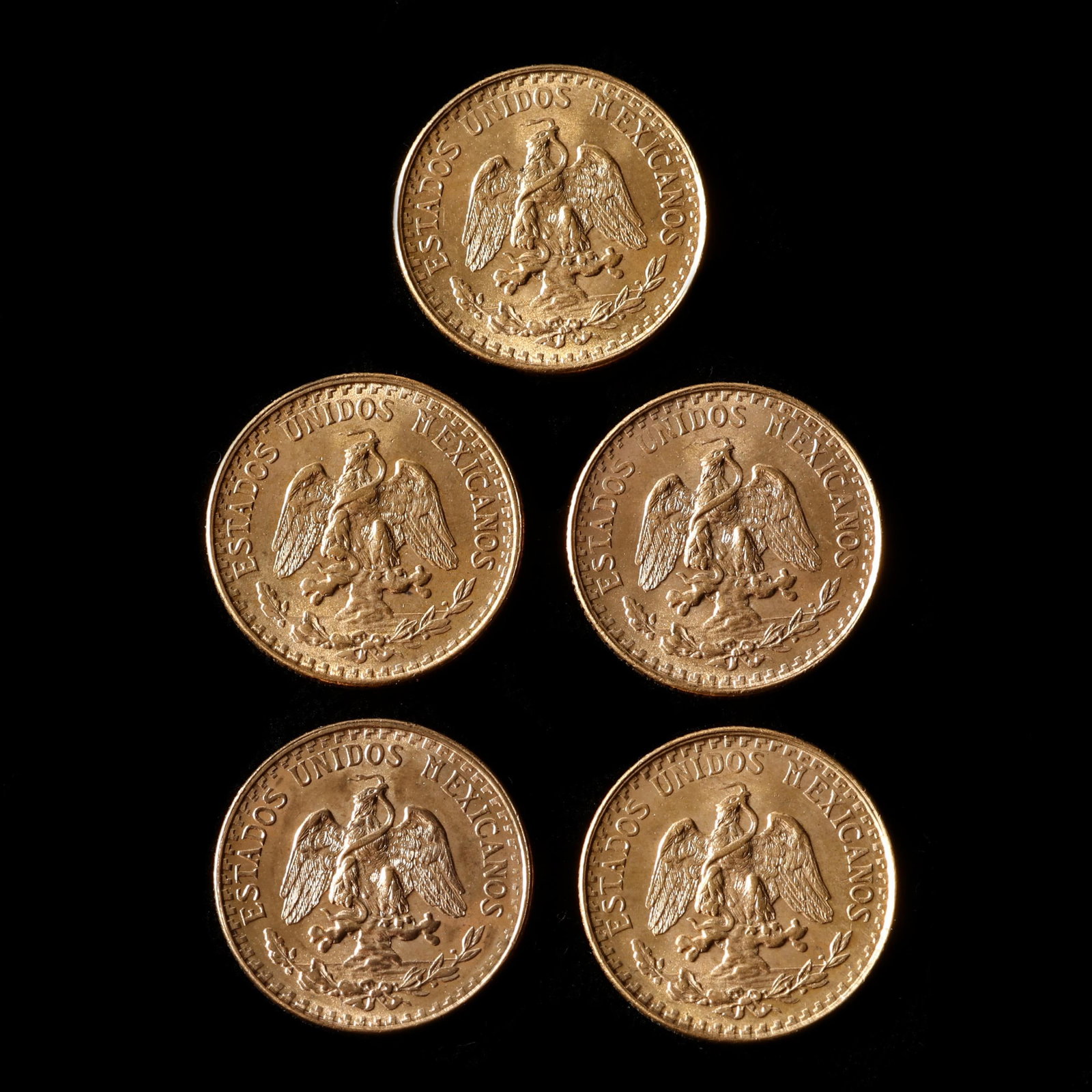Mexico, Five (5) Uncirculated Gold Two Peso Coins Dated 1945 (1 of 2)