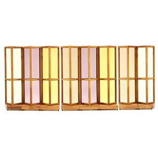 Custom Eight Panel Stained Glass Room Divider / Screen: Custom Eight Panel Stained Glass Room Divider / Screenlate 20th century, designed by architect Suzanne Musho for her I.M. Pei condo, cherry frames with pale colored and textured glass panes including