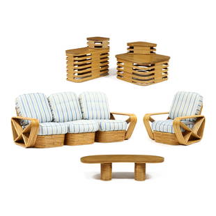 attributed to Paul Frankl (Austrian/American, 1886-1958), Vintage Seven Piece Rattan Lanai Set: attributed to Paul Frankl (Austrian/American, 1886-1958), Vintage Seven Piece Rattan Lanai Set circa 1950, including a six-strand three seat sofa (32 x 80 x 38 in.); club chair (32 x 32.5 x 36 in.);