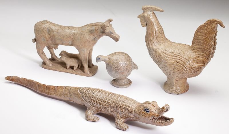 NC Pottery Charles Moore Four Animal Figurals: NC Pottery Charles Moore Four Animal Figuralssalt glazed stoneware, the group comprising a cow, 2000 (5.5 x 8.5 in.); a quail, 1998 (3 in.); an alligator, 1998 (3 x 17 in.); a rooster, 1991 (7.5 in.);