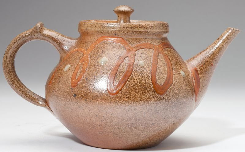 NC Pottery Mark Hewitt Lidded Teapot: NC Pottery Mark Hewitt Lidded Teapotash glaze with slip spots and controlled looping decoration, stamped on the bottom.6 x 9 in.