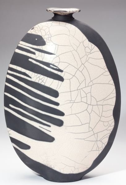 Joe Winter Raku Pottery Flounder Vase: Joe Winter Raku Pottery Flounder Vase large black and white raku pottery bottle vase, signed on base. 16 x 11 x 4.5 in.