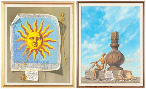 Frank Nosoff (MA, 20th c.), Two Works: Frank Nosoff (MA, 20th c.), Two Worksthe first an oil on canvas tromp l'oeil still life with a half-finished cross stitch pattern, signed "Nosoff," framed (SS 23.25 x 19.25 in.; DOA 27 x 23 in.); the