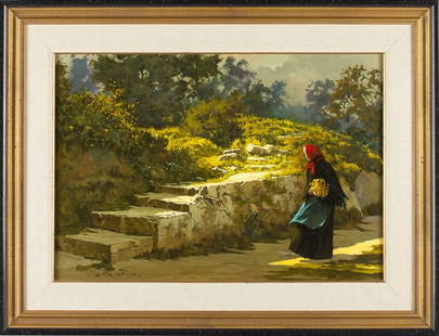 Lucio Sollazzi (b. 1925), "Memory Lane": Lucio Sollazzi (b. 1925), "Memory Lane"oil on canvas, signed at lower left, presented in an attractive gilt & ebonized frame with linen liner.SS 18 x 26.25 in.; DOA 27 x 35 in.Estate of Mr. Libby, Gre