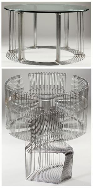 Verner Panton (Denmark, 1926-1998), "Pantanova": Verner Panton (Denmark, 1926-1998), "Pantanova"1971 dining set consisting of table model 120-U and (6) chairs model 120-S, manufactured by Fritz Hansen, chrome plated steel, circular glass top table w