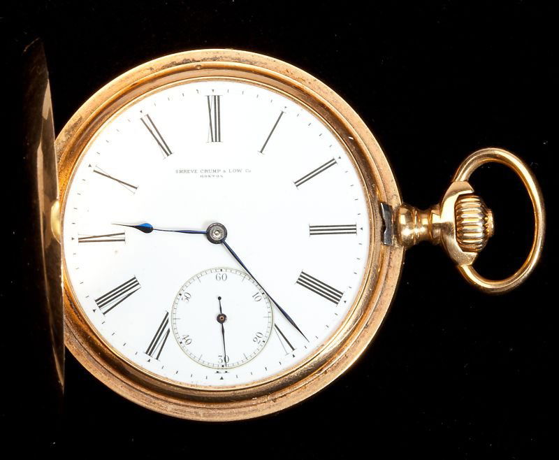 Patek Philippe Pocket Watch / Shreve Crump and Low: Patek Philippe Pocket Watch / Shreve Crump and Lowwith hunter case and white dial with Roman numerals and subsidiary second hand, case marked Shreve Crump and Low Co / Boston / 18K / 87353, works mark