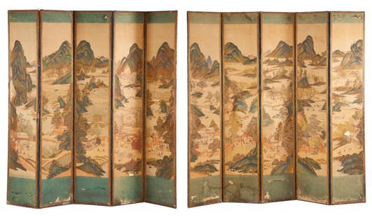 Antique Chinese Ten Panel Floor Screen: Antique Chinese Ten Panel Floor Screenfolding form, decorated in a continuous scene of figures in a mountainous setting, hand-painted in ink and colors on fabric.83 x 165 in.Leland Little Auction & Es