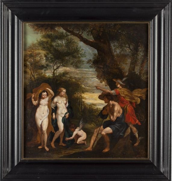 Old Master Painting, "The Judgment of Paris": Old Master Painting, "The Judgment of Paris" oil on canvas (lined), unsigned, based on a composition by Peter Paul Rubens, 18th century or earlier, depicting Paris and Mercury gazing upon two nude wom
