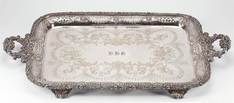 Ellis-Barker Silver Plate Waiter: Ellis-Barker Silver Plate Waiter circa 1910, Rococo style with cast and applied foliate rim over pierced flange having lion head medallions and bellflower swags, nicely engraved surface centered with 