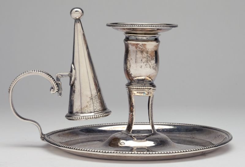 English Silver Chamberstick: English Silver Chamberstick the candlestick with beaded details, London (1781) hallmarks and "IB" sponsor's mark, with later associated candlesnuff (circa 1875). 4 in. 10.45 troy oz.