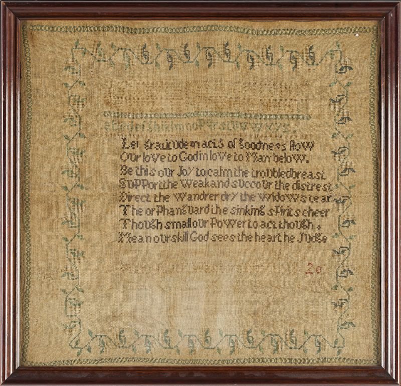 Southern Sampler, 1820: Southern Sampler, 1820worked on open weave linen in multi-colored silk thread, with alphabet and number bands and pious verse enclosed within a strawberry border with an outer block border, "Mary (?)