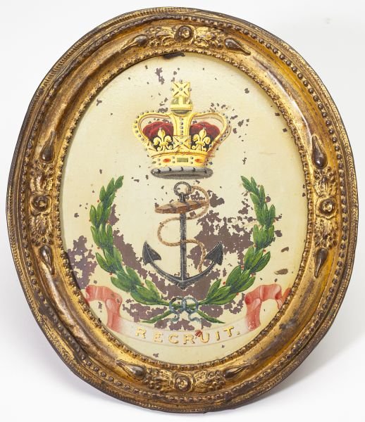 H. M. Brig "Recruit" Escutcheon: H. M. Brig "Recruit" Escutcheon British, early 19th century, oils and gilt on copper, a fouled anchor within a laurel wreath is surmounted by a crown and over a streamer reading "Recruit," mounted in 