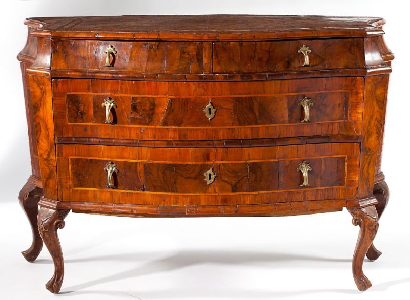Italianate Burlwood Bombe Commode: Italianate Burlwood Bombe Commode18th century, burled walnut and mahogany veneers with pine and elm secondary, two over two drawers, canted front corners, raised on four cabriole legs with trifid feet