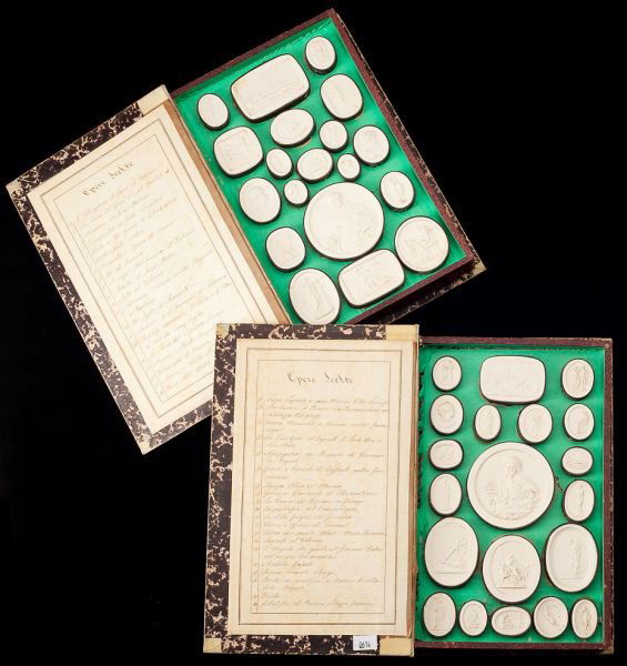 Italian Grand Tour Plaster Intaglios: Italian Grand Tour Plaster Intaglios19th century, a collection of (66) small reproductions of Classical and Renaissance masterpieces from throughout Italy, mounted and numbered in faux book covers, in