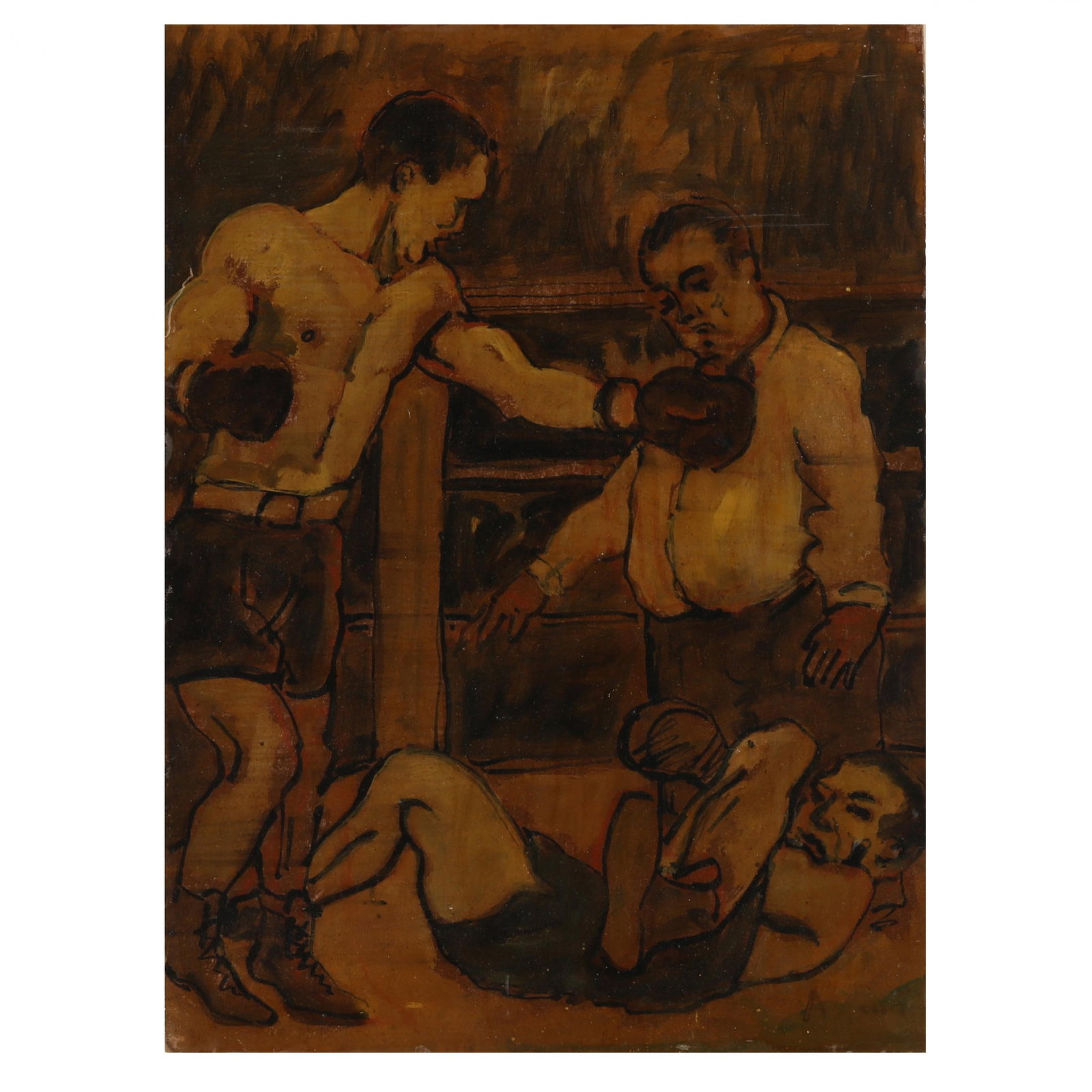 Arthur Smith (American, 1897-1972), Boxing Match: Arthur Smith (American, 1897-1972), Boxing Matchacrylic, watercolor, and ink wash on artist board, faintly signed at lower left, retaining gallery label en verso, float mounted and framed. Board 16 x
