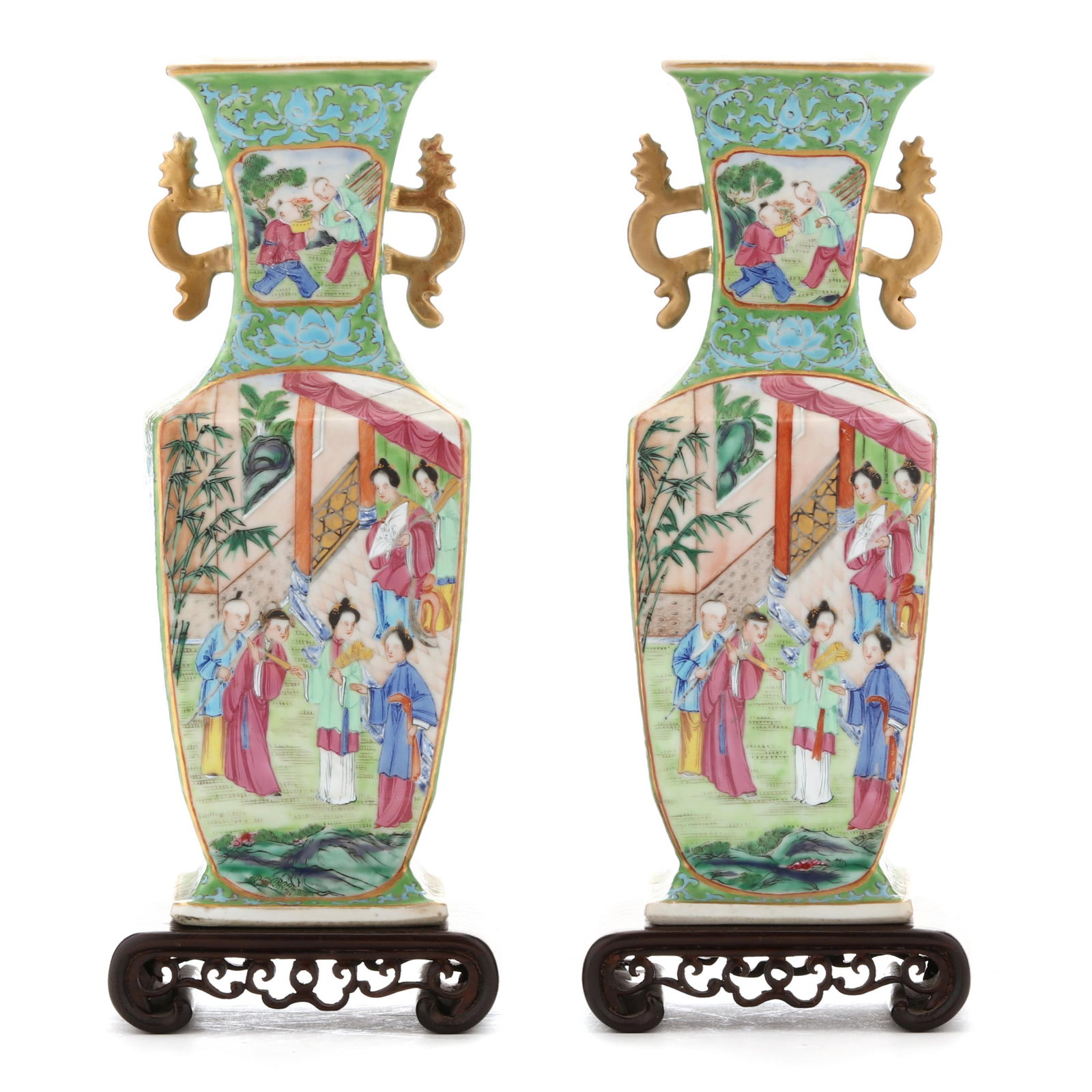 A Pair of Green Ground Mandarin Rose Vases (1 of 12)
