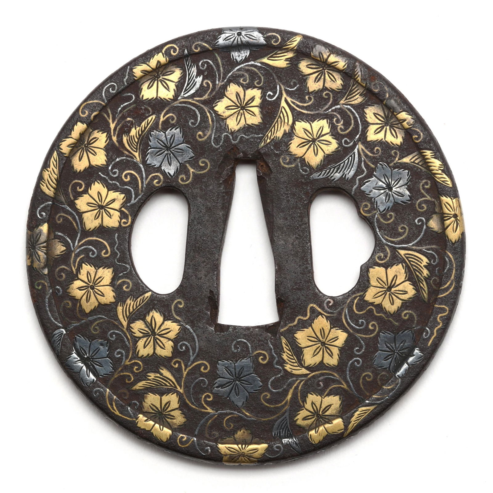A Japanese Iron Tsuba with Gold and Silver Asagao Decoration (1 of 2)
