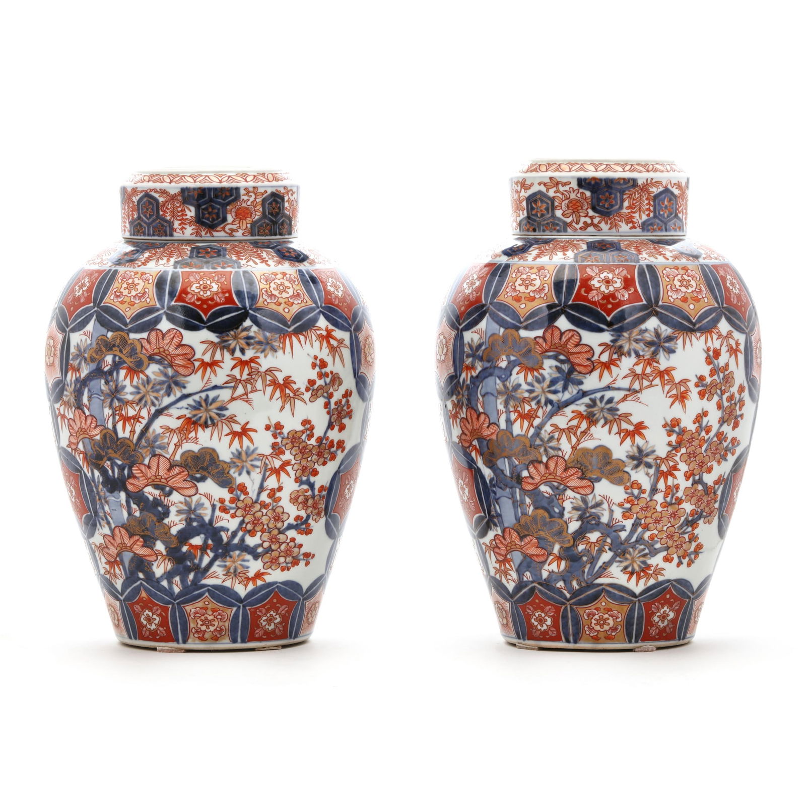 A Pair of Japanese Imari Tea Jars with Covers: A Pair of Japanese Imari Tea Jars with Covers20th century, a pair of bulbous shaped jars with interior rated flat cover and a second cover that rests on top, hand painted in the Imari palette of iron