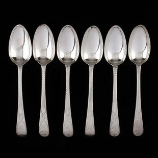 Set of Six George III Silver Serving Spoons, Mark of Hester Bateman: Set of Six George III Silver Serving Spoons, Mark of Hester Bateman London (1781), each with bright-cut engraved handles featuring armorial monograms. 8 1/2 in. 12.15 total troy oz. S.J.