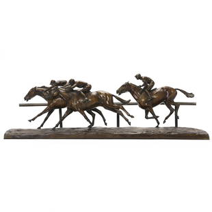 Yves Benoist-Gironiere (1903-1983), Les Galopeurs: Yves Benoist-Gironiere (1903-1983), Les Galopeurs patinated bronze, signed to terrace edge, the dynamic race scene depicting two jockeys in the lead with a third close on their heels. 11 x 38 1/4