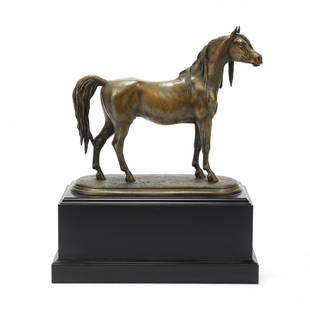 A Continental Patinated Bronze Sculpture of an Arabian Stallion: A Continental Patinated Bronze Sculpture of an Arabian Stallion 20th century, likely English, depicting a full portrait of an Arabian stallion, mounted to a later large ebonized wood pedestal, not