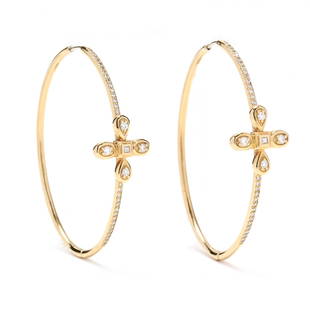 Pair of Gold and Diamond Hoop Earrings, Mimi So: Pair of Gold and Diamond Hoop Earrings, Mimi Soin a hinged and elongated oval design set with diamond melee and featuring a diamond set quatrefoil motif, signed, stamped 750, and numbered 1441197. 2.2