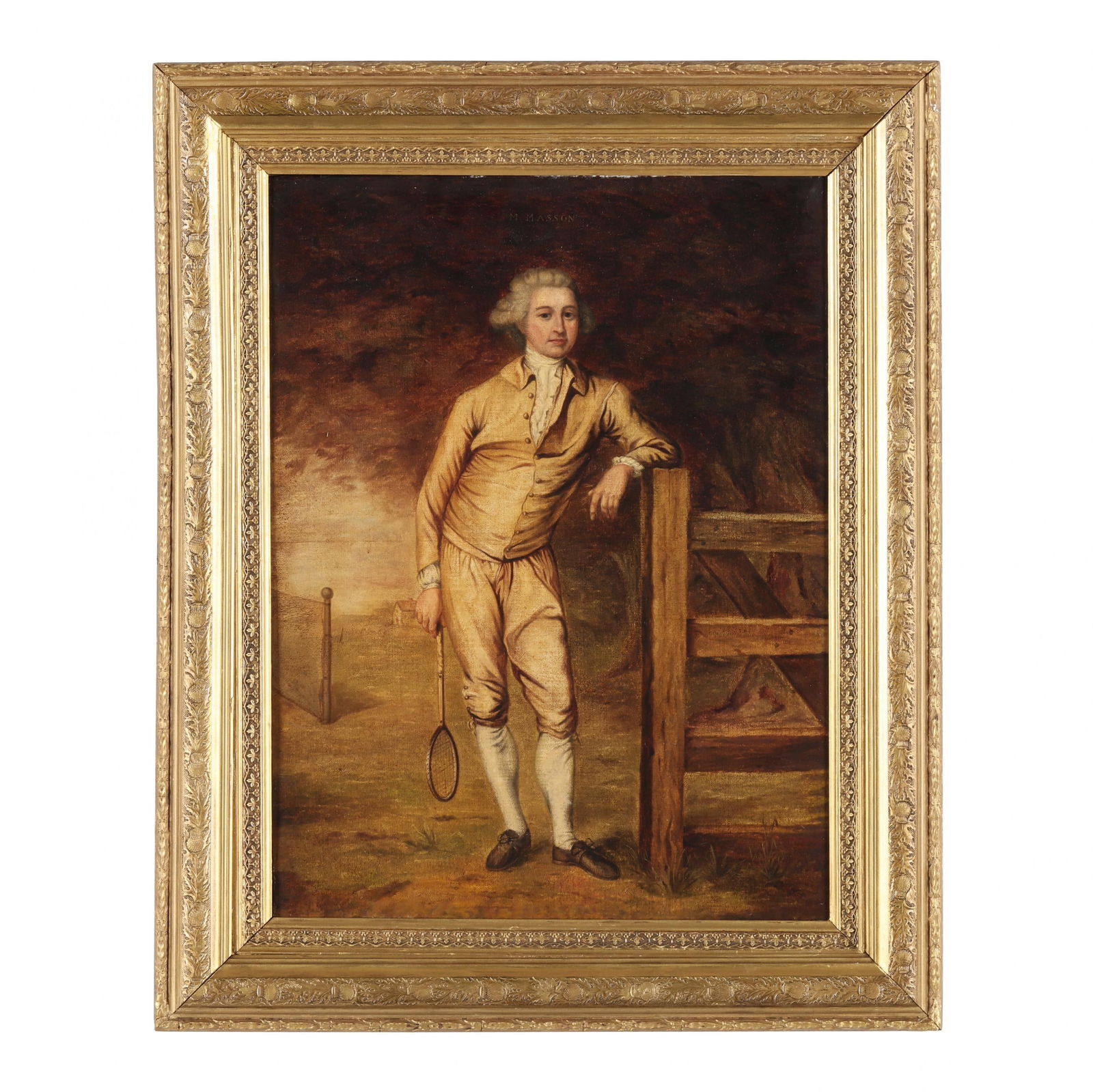 After John Hamilton Mortimer (English, 1740-1779), Monsieur Masson, The Tennis Player: After John Hamilton Mortimer (English, 1740-1779), Monsieur Masson, The Tennis Playeroil on canvas (lined), late 18th century, unsigned, sitter identified by stenciled name in upper margin, after an 1