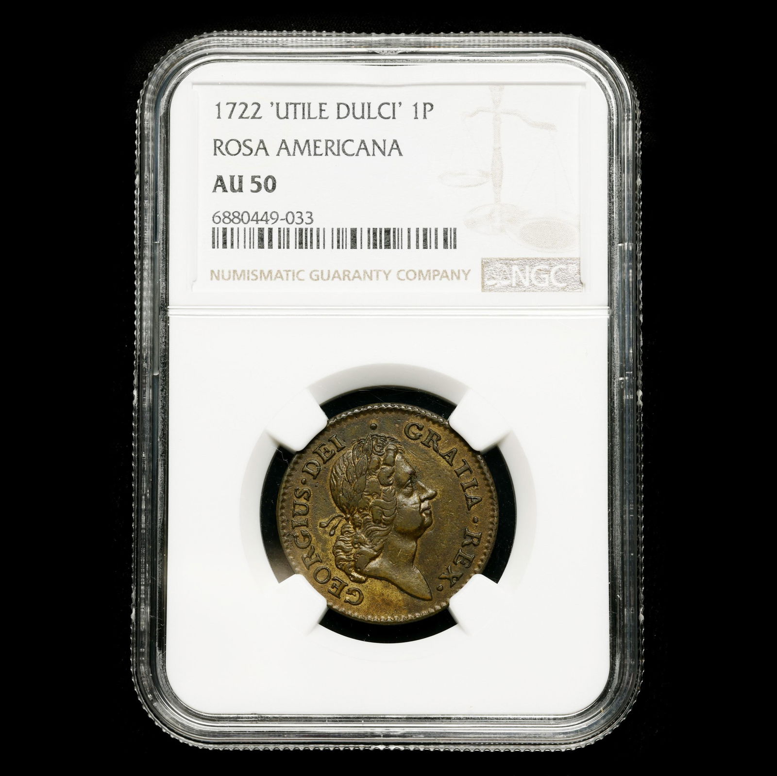 William Wood, 1722 Rosa Americana Penny, NGC AU 50