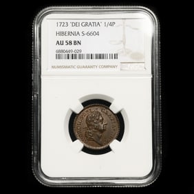William Wood, 1723 Farthing "DEI. GRATIA. REX," NGC AU58 BN