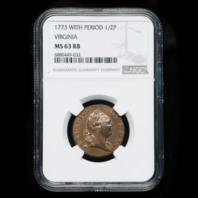 1773 Virginia Halfpenny, NGC MS63 RB